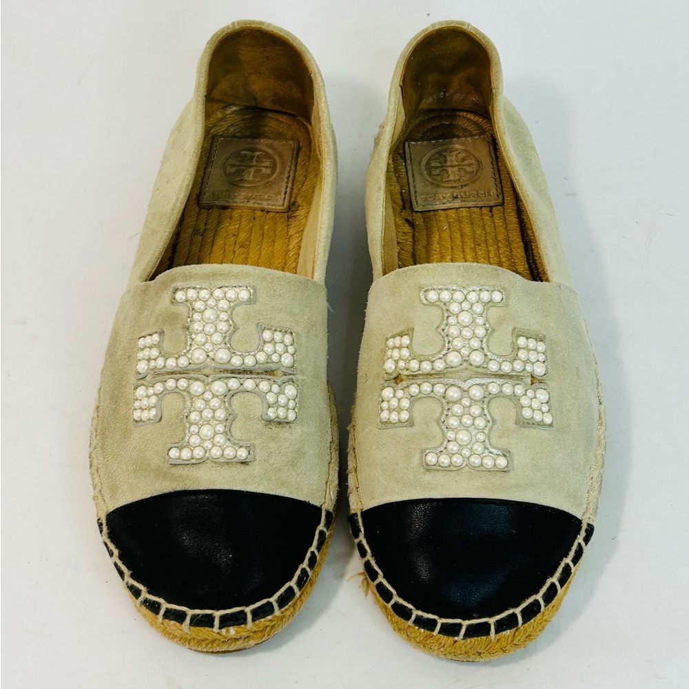 Tory Burch Pearl Logo Flat Espadrille in Black Nappa Leather and Beige Suede 6.5